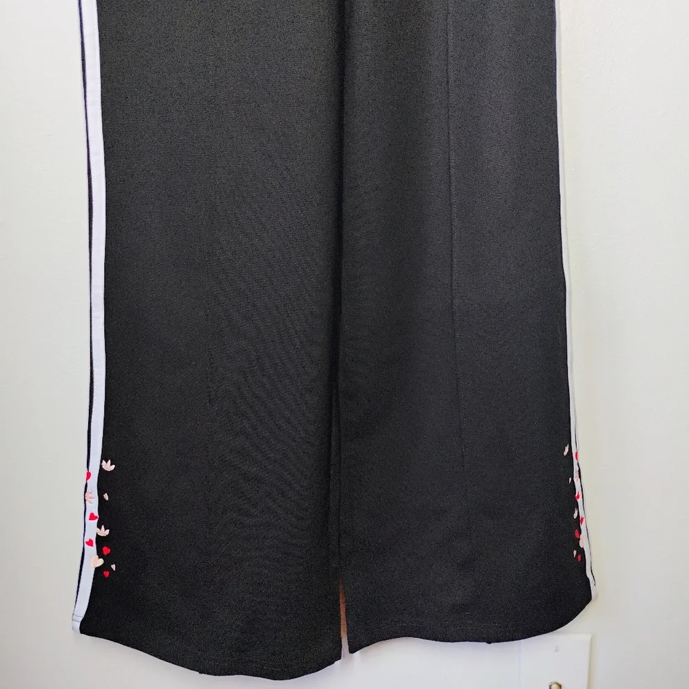 adidas Black Track Pants with White Side Stripes and Red/Gold Heart Embroidery - Picture 2 of 13